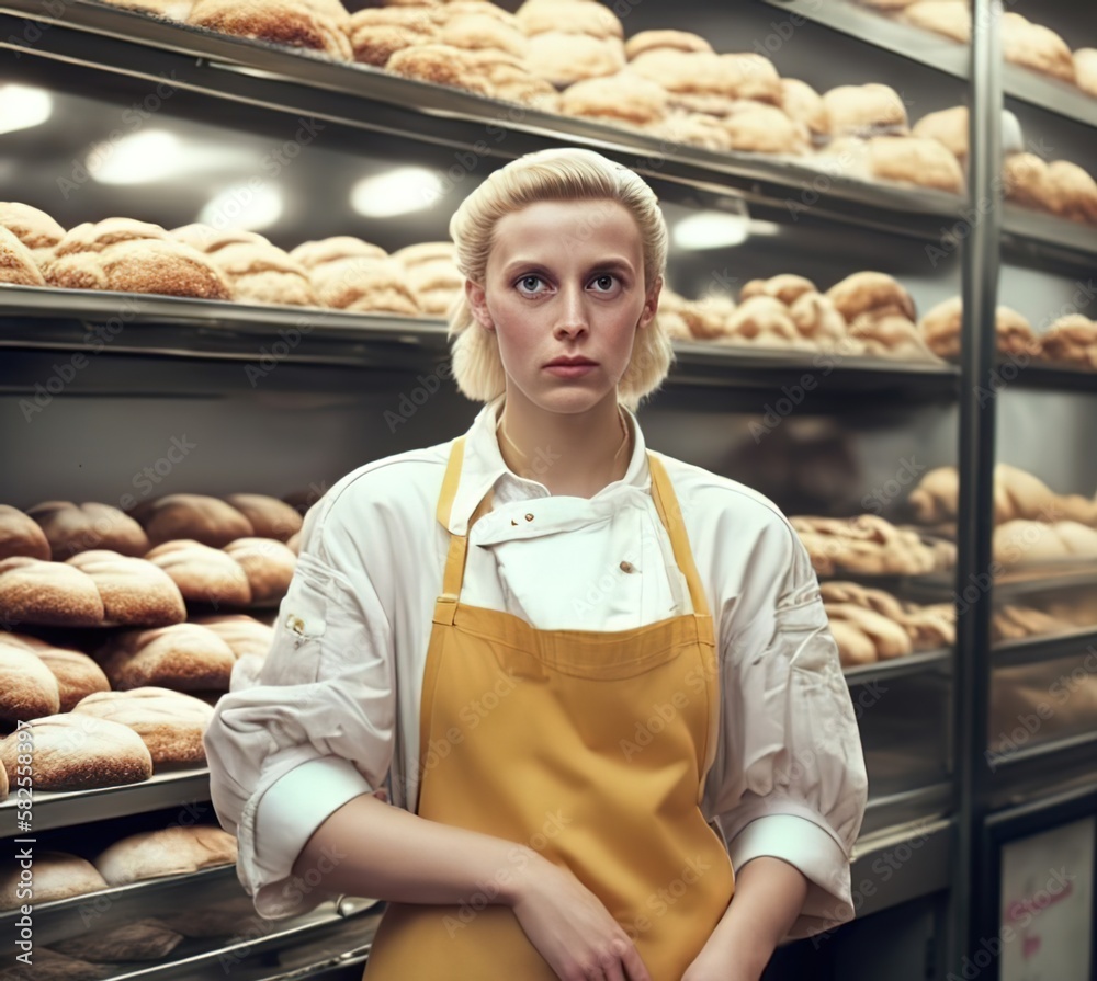 Young baker woman with apron and blonde hair. Shop assistant in a friendly small business bakery. Ai generative.