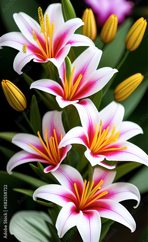 bouquet of white lilies on a dark background, bright digital illustration, postcard, background bouquet of white lilies on a dark background, bright digital illustration, postcard, background