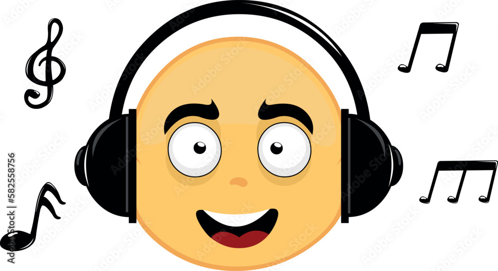 vector emoticon illustration face of a yellow cartoon character, listening to music with headphones with musical notes vector emoticon illustration face of a yellow cartoon character, listening to music with headphones with musical notes