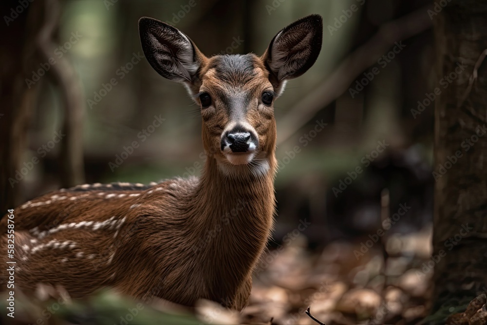 Juvenile roe deer in the woods munching on grass. Generative AI