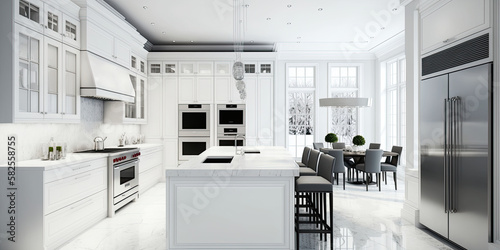 Modern White Kitchen in Estate Home  generative artificial intelligence