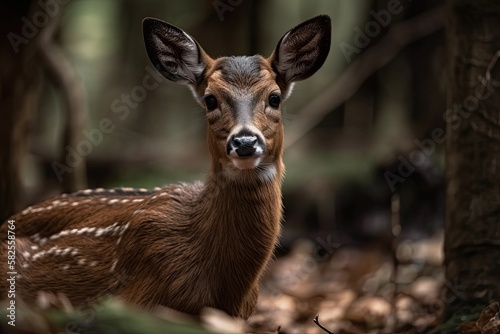 Juvenile roe deer in the woods munching on grass. Generative AI