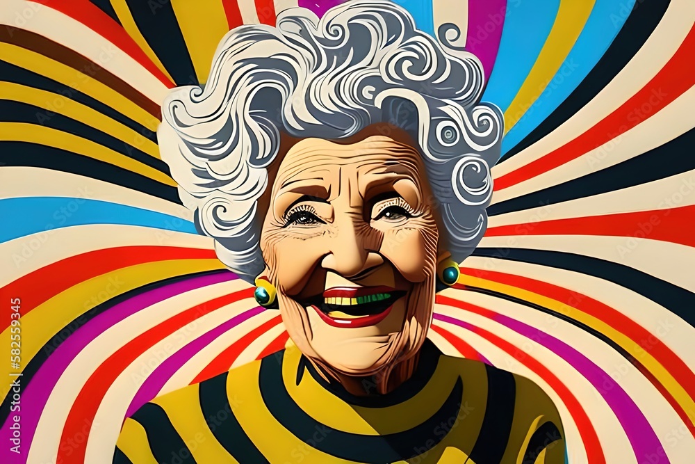 Portrait elderly woman with white curly hair, smiling. Pop art style with colorful background. Old, grandma, granny. Ai generative Portrait elderly woman with white curly hair, smiling. Pop art style with colorful background. Old, grandma, granny. Ai generative