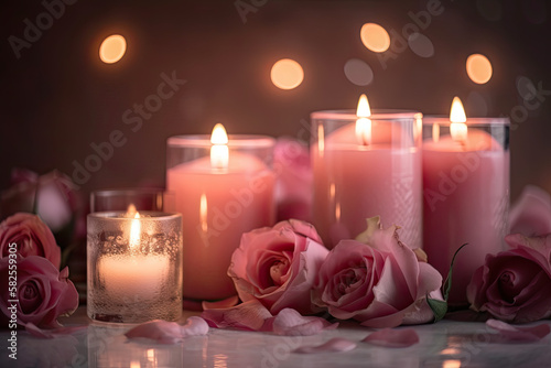 pink candles and roses. Generative AI image.