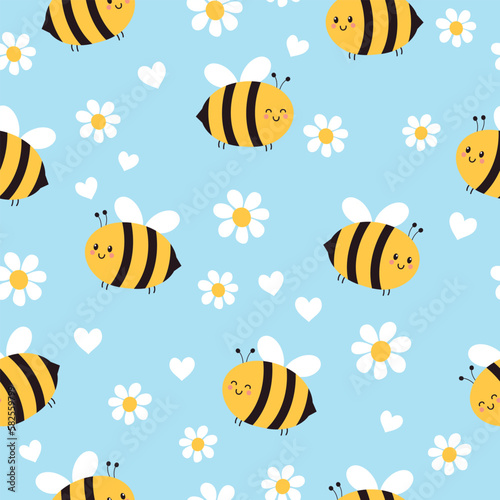 Cute bee and daisy seamless pattern. Summer or spring cartoon background with honey bee and flowers. Vector illustration.