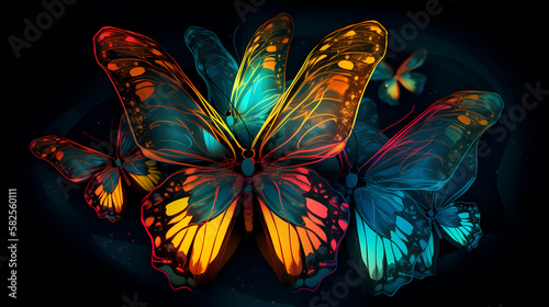 Phosphorescent butterflies background. Generative AI