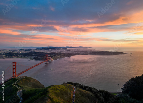 Beautiful sunset sky over Golden Gate Bridge and city of San Francisco