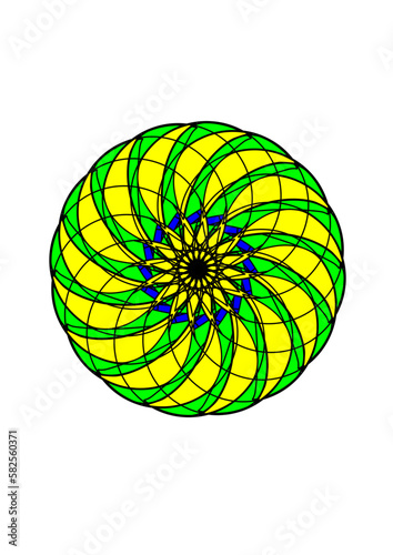 Rosette mit spiralförmig angeordneten gelben grünen und blauen elementen