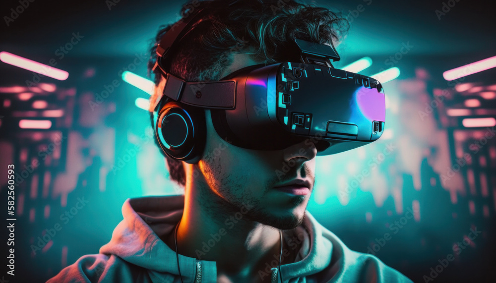 Young man using VR headset in futuristic metaverse background technology concept generative ai Young man using VR headset in futuristic metaverse background technology concept generative ai