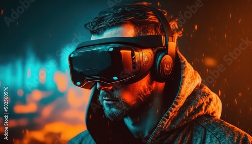 Young man using VR headset in futuristic metaverse background technology concept generative ai