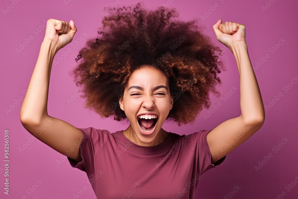 Portrait of a Woman with Fists in the Air Celebrating Success,/Win on a Purple Background (Generative AI) Portrait of a Woman with Fists in the Air Celebrating Success,/Win on a Purple Background (Generative AI)