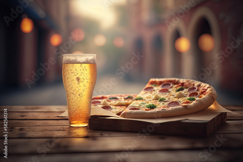  pizza and beer on a wooden bench,generative artificial intelligence