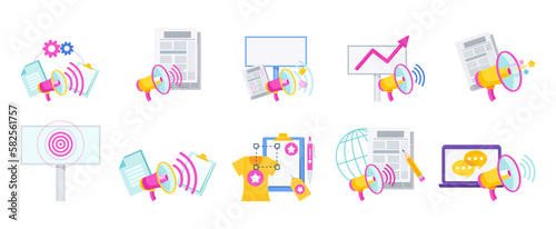 Advertising and promotion icons set. Promotion strategy. Digital Marketing.
