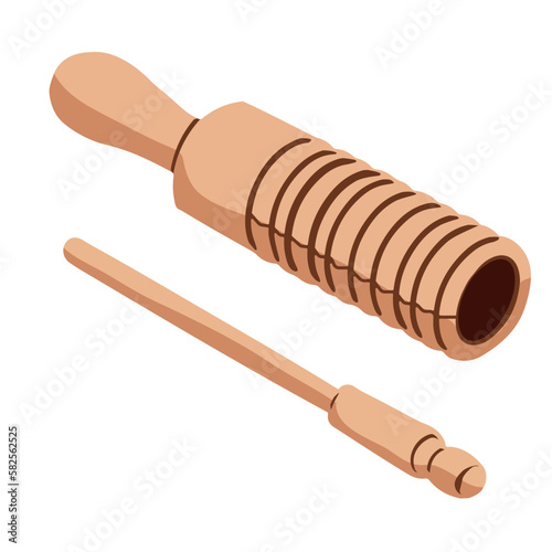 Wooden reco-reco design. It is a scraper used as a percussion musical instrument in the sport called capoeira. Vector illustration isolated on white background.