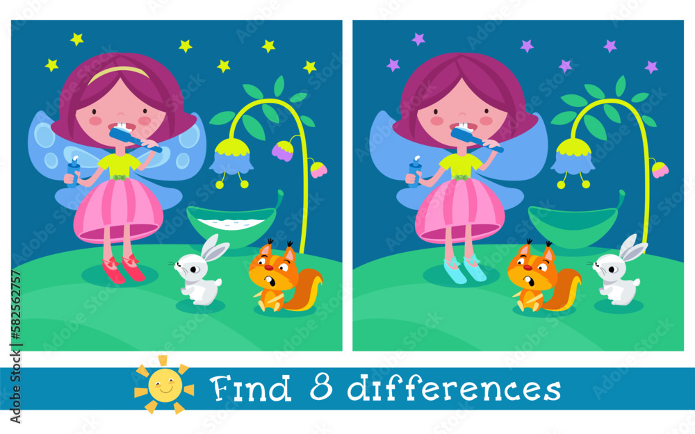 Naklejka premium Find 8 hidden differences. Educational puzzle game for children. Cute little fairy brushes teeth. Cartoon characters with flowers. Vector illustration.