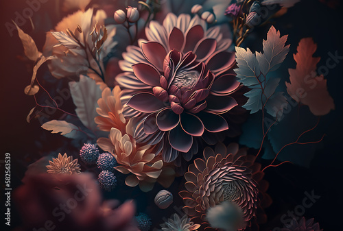 Various beautiful dark low color flowers, close-up, low saturation. © Natasha 