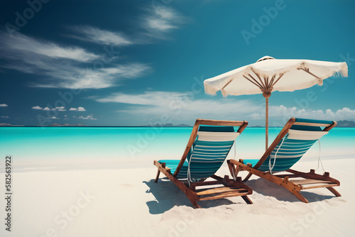 Two Chairs With Umbrella on the Beach With White Sand and Turquoise Water  AI Generated Image