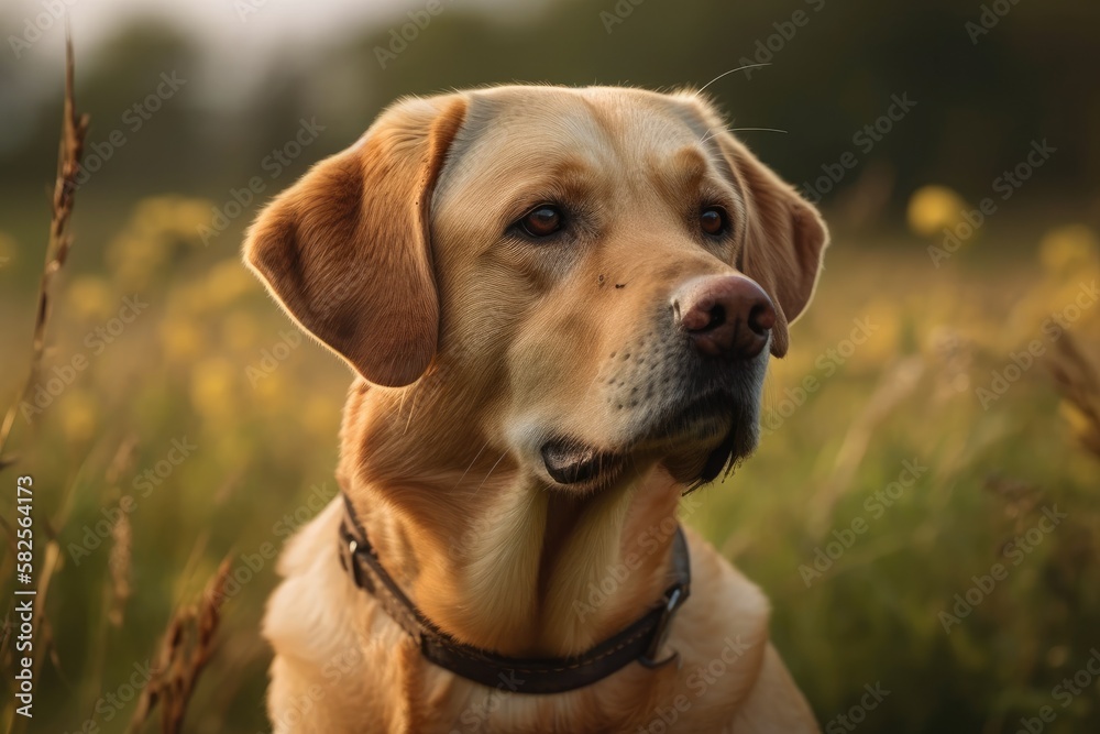 Portrait of a gold Labrador dog on a field's grassy surface. Generative AI Portrait of a gold Labrador dog on a field's grassy surface. Generative AI