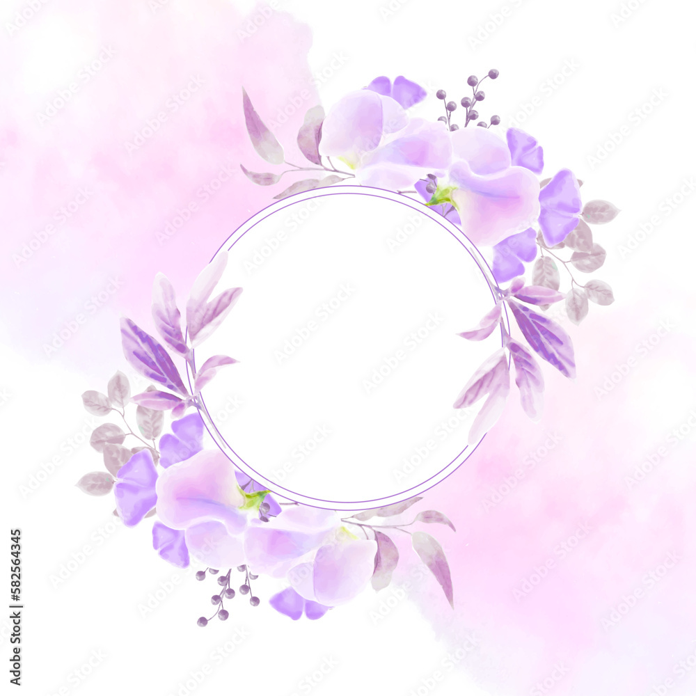 Watercolor floral frame elegant vector image with golden round frame and gently purple flowers. Template for use in design of wedding invitations, postcards, birthday, holidays. 