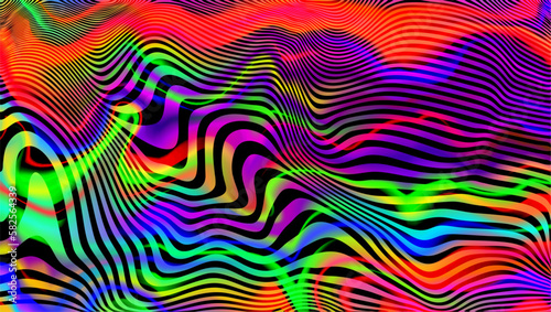 Trippy strip psychedelic pattern. Neon color wavy background