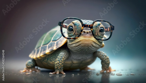 Tortoise with eyes in front of a plain background. AI generated illustration. © Czintos Ödön