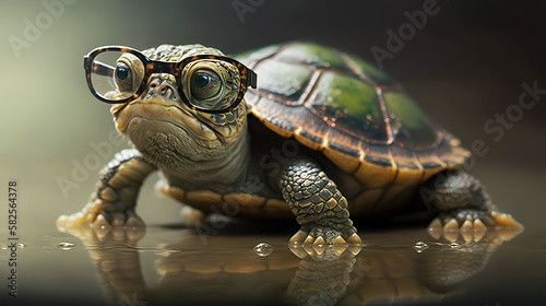 Tortoise with eyes in front of a plain background. AI generated illustration.