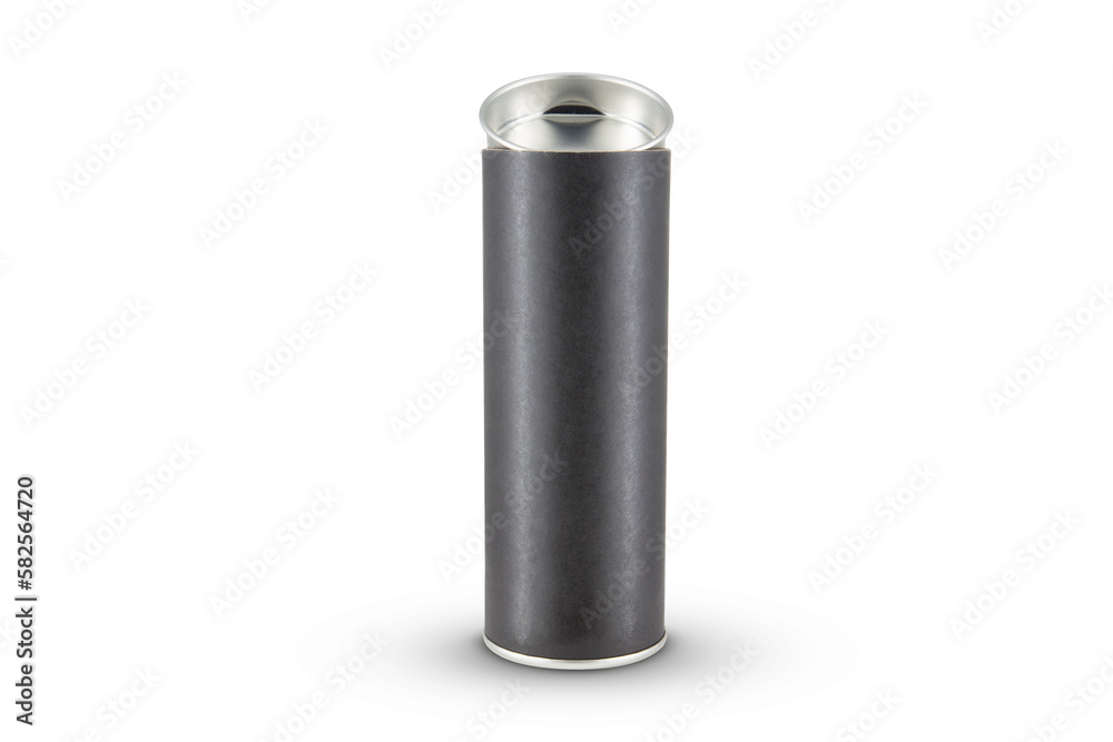 Black Kraft paper tube tin can isolated on white background Black Kraft paper tube tin can isolated on white background