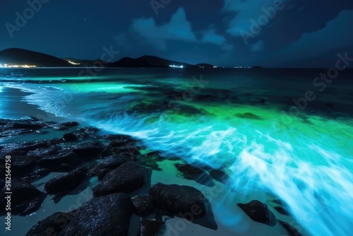 Bioluminescent plankton on sea beach. Generative AI