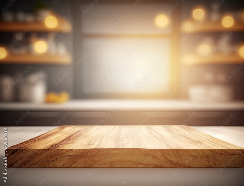  Wood table top on light abstract from kitchen room ,generative artificial intelligence