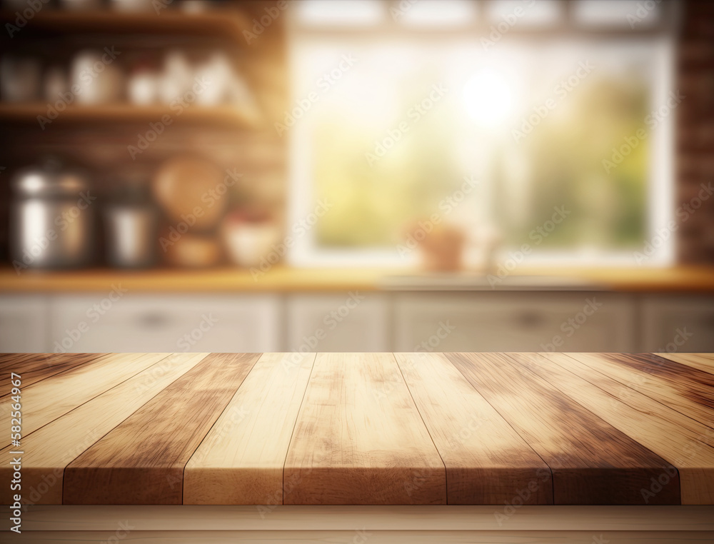 Wood table top on light abstract from kitchen room ,generative artificial intelligence Wood table top on light abstract from kitchen room ,generative artificial intelligence