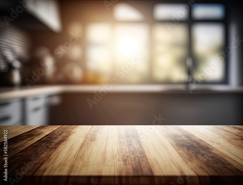  Wood table top on light abstract from kitchen room ,generative artificial intelligence