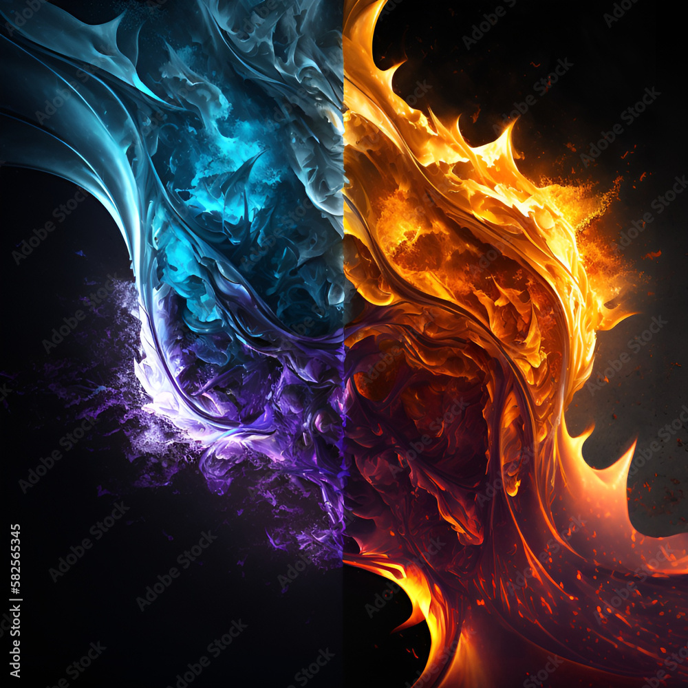 Red, blue, and purple fire on black background, Abstract fire, and ice