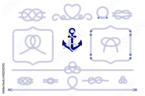 Nautical rope knots, frames and border set. Seamless decorative marine rope