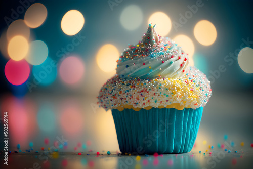 Colorful cupcake with colorful blurred lights on background  illustration ai generative