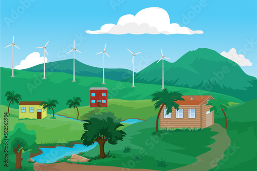 a view from the village view wind turbines placed on the hills