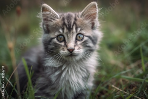 Cute kitty on a field of grass. Generative AI © AkuAku