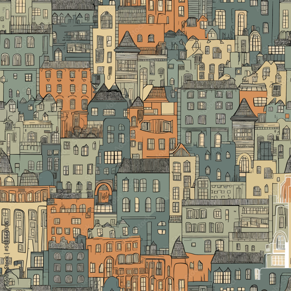 Seamless Pattern Of Houses In A City. Tileable, Scalable, Editable Vector Art