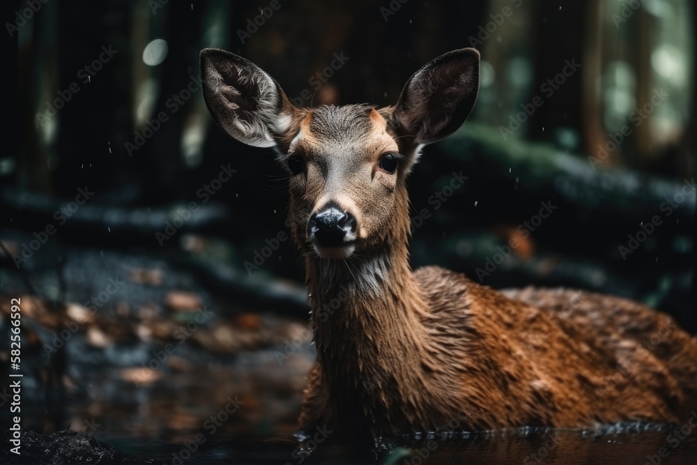 Fototapeta premium On the forest floor, a deer may be seen. Generative AI