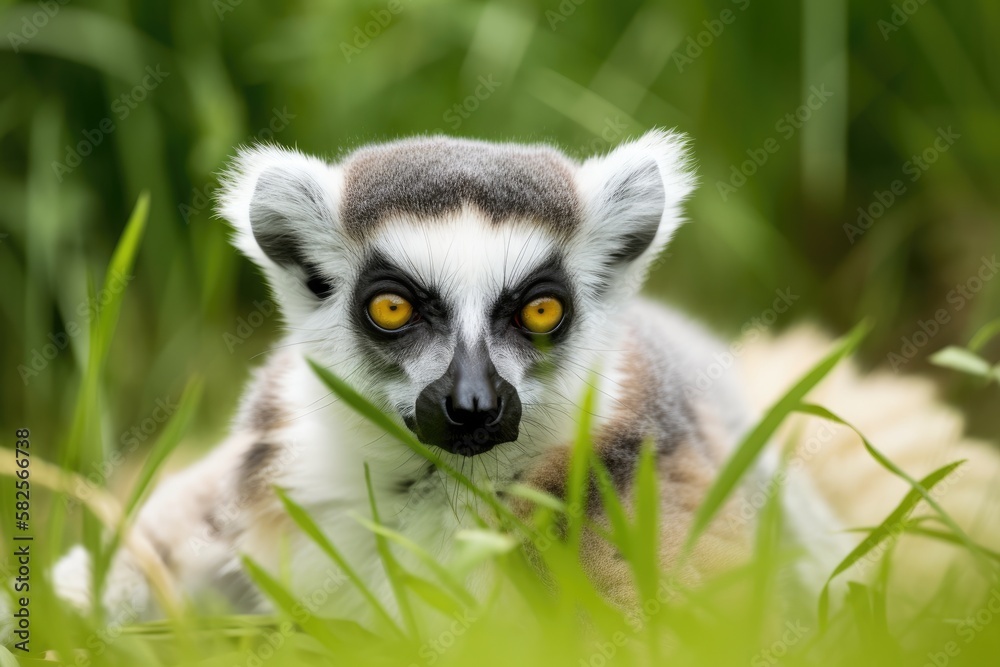 Fototapeta premium a lemur on some lush grass. Generative AI