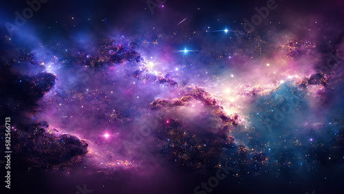 Starry sky with nebula and highlights, cosmos of nebulous textures, lights and gradients to serve as background. Generative AI