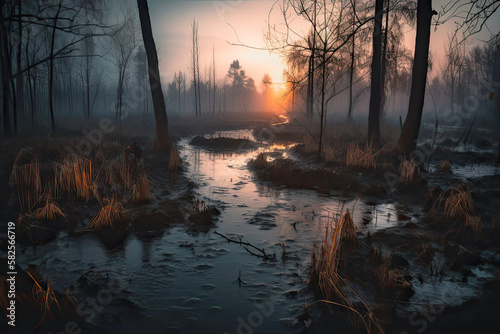 Early morning in the swamp. Generative AI image.