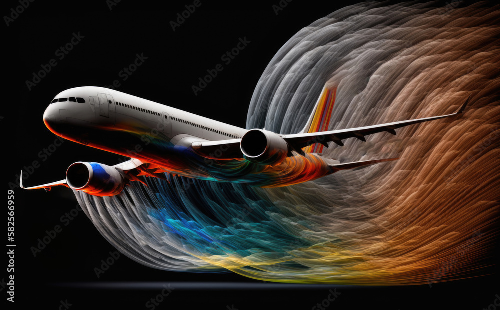 Abstract illustration of an airliner aircraft with colorful waves of colors and wake turbulence streamlines. Abstract aerodynamics and fluid dynamics concept. Generative AI. - obrazy, fototapety, plakaty 
