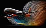 Abstract illustration of an airliner aircraft with colorful waves of colors and wake turbulence streamlines. Abstract aerodynamics and fluid dynamics concept. 