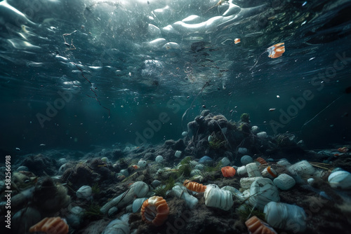 Plastic pollution in sea. Generative Ai. © vetre