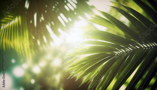 Copy space of blur green palm leaf tree with bokeh sun ligth abstract texture background
