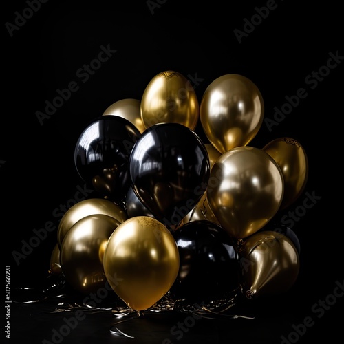 Black and gold balloons on a black background