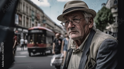 Old guy in street bus blurry background , high quality