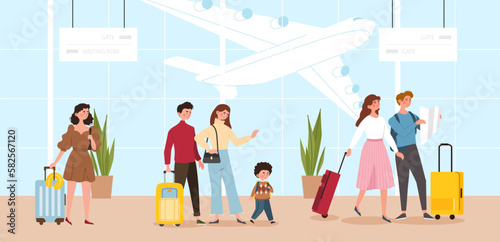 Passengers at airport. Men and women with children and suitcases waiting to board flight. Travel and tourism, vacation and holiday. People with luggage and baggage. Cartoon flat vector illustration