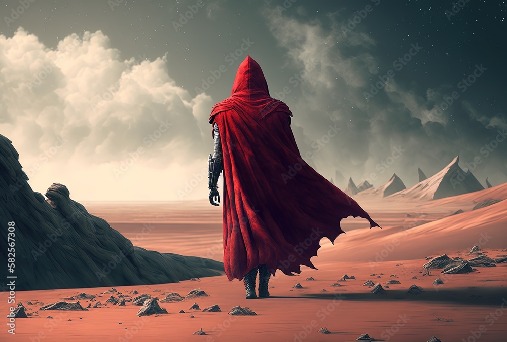 A Mysterious Person Wearing A Red Cape Wandering Through A Desert.  Generative AI illustration Stock Illustration | Adobe Stock