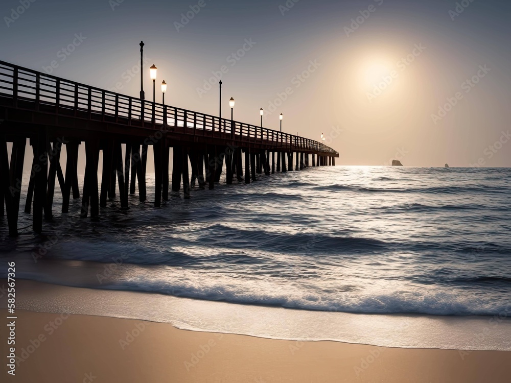 Long pier on the beach, going far into the distance, Designed with the help of AI